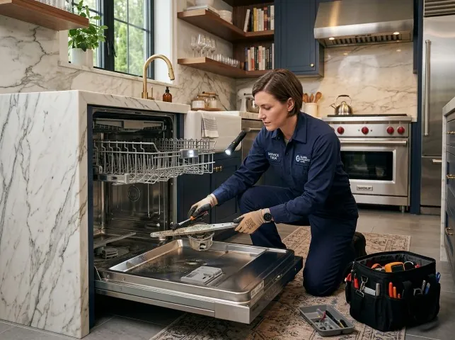 Appliance Repair Hero technician servicing a built-in dishwasher in a Amboy, WA kitchen