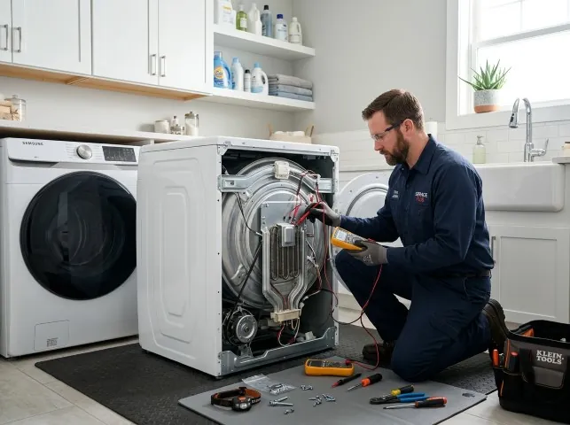Appliance Repair Hero technician checking a dryer heating element with the rear panel off in Amboy, WA