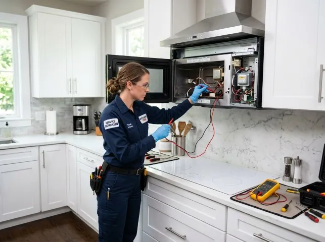 Appliance Repair Hero technician testing an over-the-range microwave in a Amboy, WA kitchen