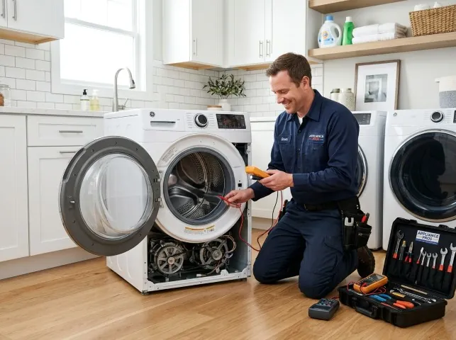 Appliance Repair Hero technician testing a front-load washer with a multimeter on a Amboy, WA service call
